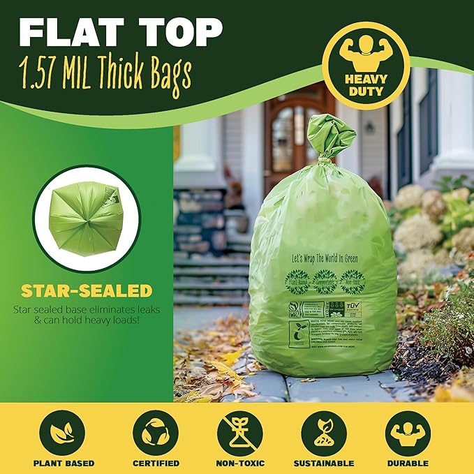 50-55 Gallon Compost Bags, Heavy Duty Compostable Trash Bags, 1.57 Mil Extra Thick Yard Waste Bags, Compostable Lawn Bags, Large Compost Leaf Bags BPI & ASTM D6400 Certified