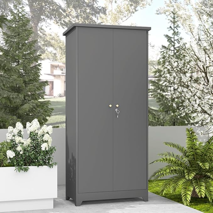 73''H Outdoor Storage Cabinet, Metal Garage Storage Cabinets with Doors and Shelves, Outdoor Broom Storage Cabinets, Waterproof Tool Shed for Patio Garden Backyard, Gray（15.4" D x 31.5" W ）