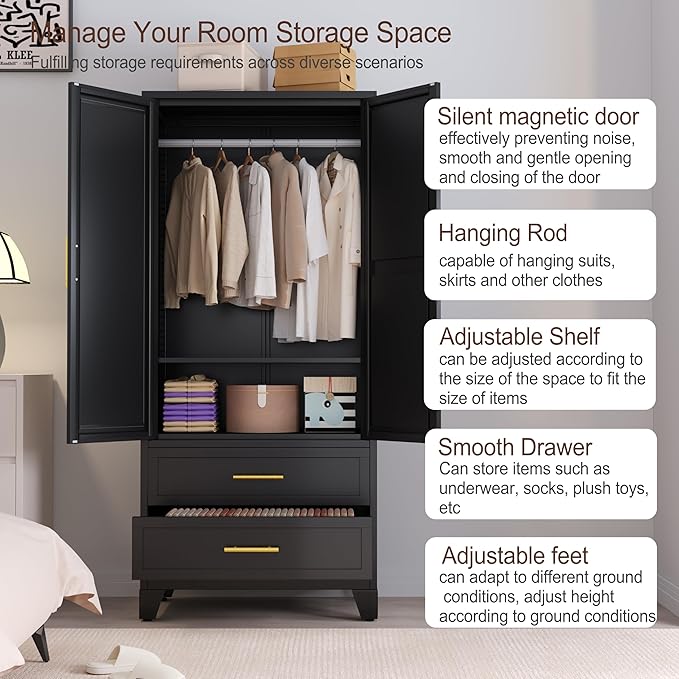Metal Armoire Wardrobe Closet, 71 "Metal Clothing Storage Cabinet with Mirror and Adjustable Shelves, Household Steel Wardrobe Storage Cabinet with 2 Drawers and Hanging Rod(Armoire-Black)