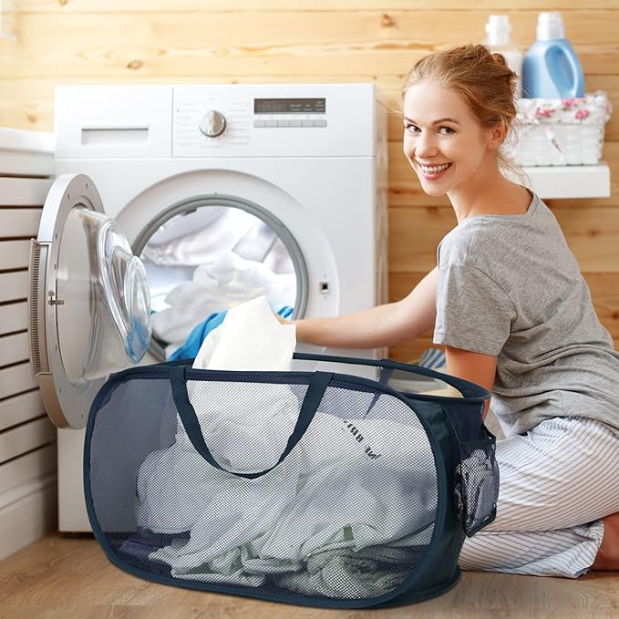 Durable Collapsible Laundry Baskets, Mesh Pop Up Laundry Hamper with Side Pocket, Foldable Clothes Storage Hamper with Reinforced Carry Handles for Laundry, Bathroom, Kids Room, Dorm or Travel Navy