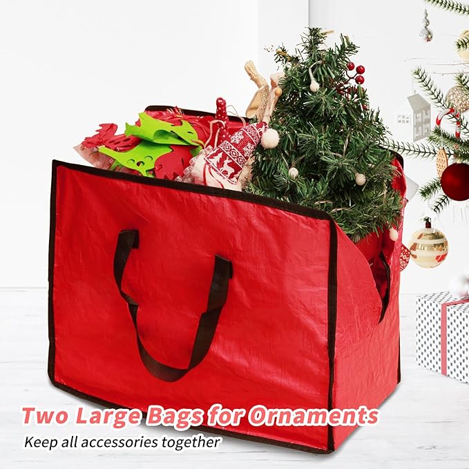 Heavy Duty 9 Ft Christmas Tree Storage Bag - Large Waterproof Plastic Storage Bag & Container for Artificial Trees, Holiday & Xmas Decorations - 3-Piece Set with Reinforced Carry Handles - Red
