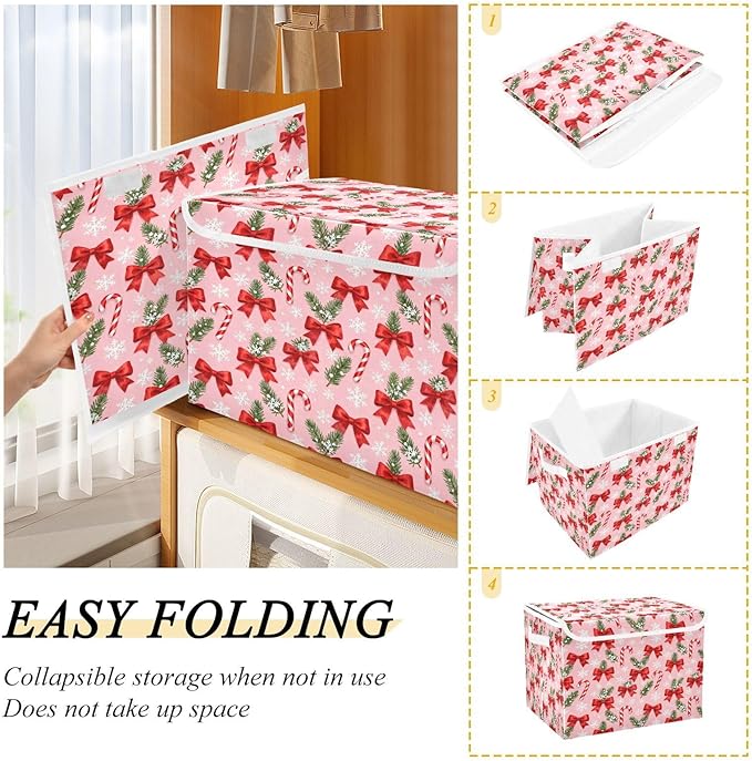 Christmas Bow Candy Snowflake Storage Bins with Lids Foldable Storage Basket with Handles Collapsible Large Fabric Organizer Containers for Clothes Shelves Closet Office Home