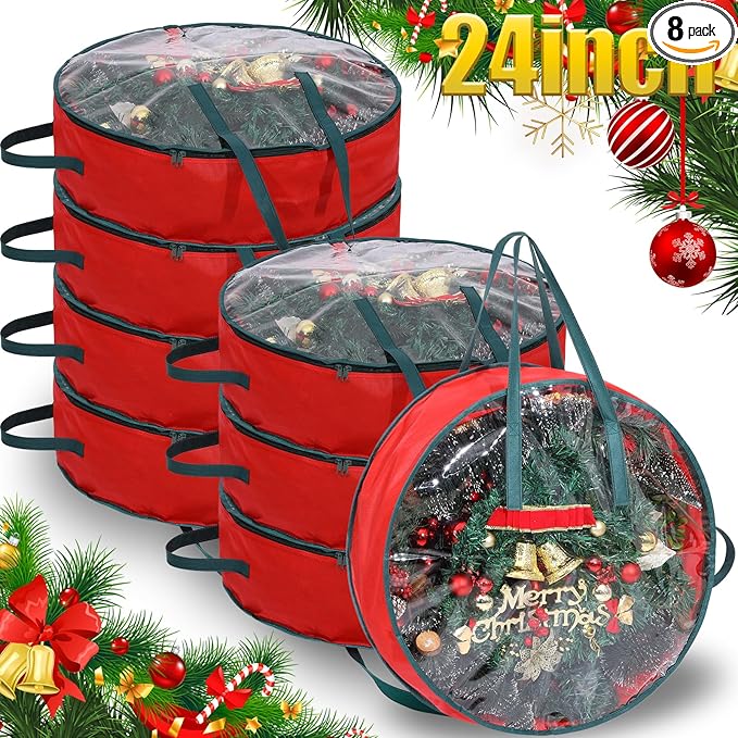 Shappy 8 Pcs Christmas Wreath Storage Bag Clear Wreath Box Wreath Storage Containers with Clear Window and Handle Christmas Garland Storage Containers for Xmas Holiday Seasonal Storage (24 Inch)