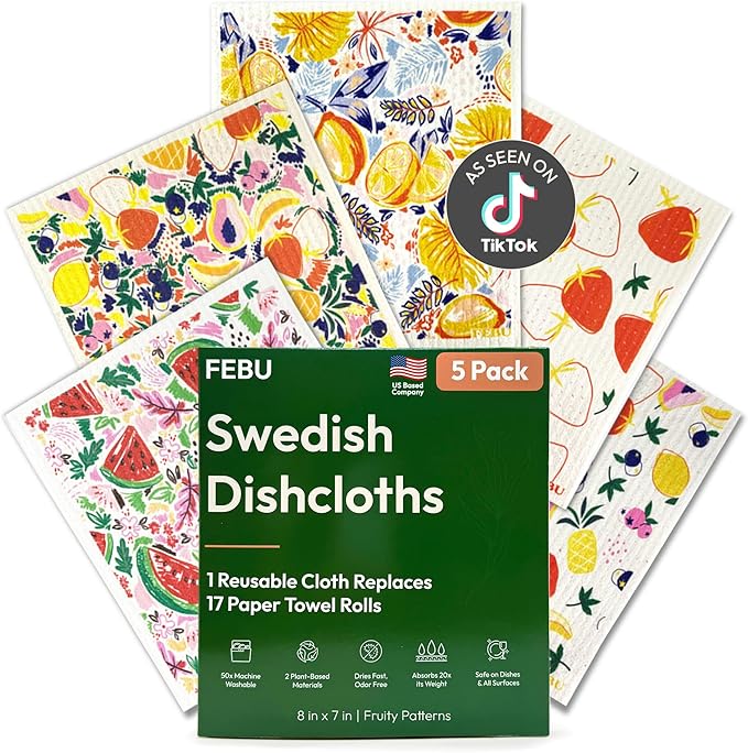 FEBU Swedish Dishcloths for Kitchen | 5 Pack Fruit Pattern Reusable Paper Towels Washable | Swedish Dish Towels | Non-Scratch Cellulose Sponge Cloths | No Odor, Biodegradable Cleaning Cloths