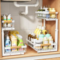 PXRACK(Small Version)2 Pack Under Sink Organizer,Adjustable Height,2 Tier Pull Out Under Cabinet Organizer,Slide Out Thickened Metal Storage Shelf for Kitchen Bathroom Laundry Pantry Cabinet,White