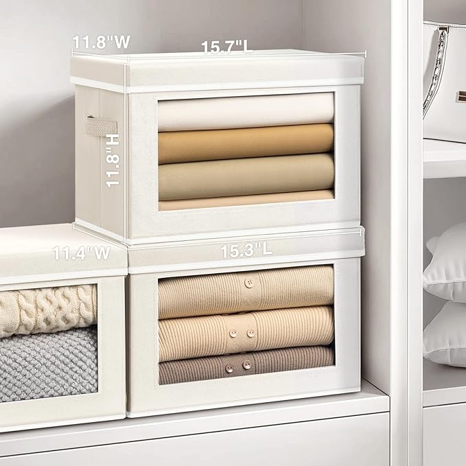 Storage Bins with Lids - Large Decorative Basket with Lids, Fabric Foldable Closet Organizer Bins, Stackable Shelf Organizer for Living Room, Dorm, 5 Pack, Beige