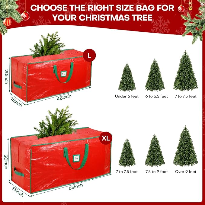 Christmas Tree Storage Bag, For 9ft Disassembled Xmas Tree, Heavy Duty Christmas Tree Storage Bag with Sturdy Handles, Tag Card Slot, Zipper, Dust-Resistant and Water-Resistant（Red）