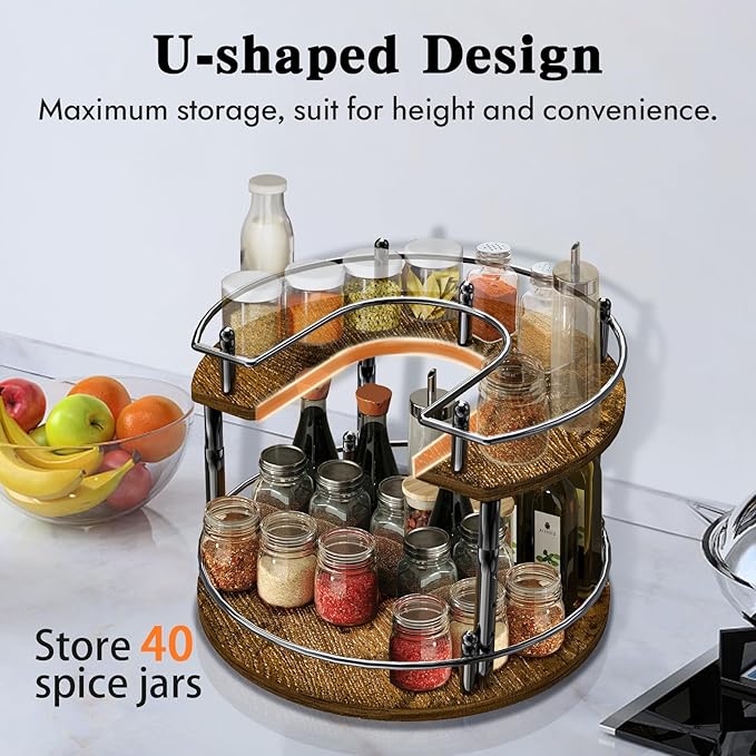 SYNAMENO 2 Tier Lazy Susan Organizer Turntable for Cabinet U-Shape Spinning Makeup Organizer 11.8" Rotating Spice Rack Height Adjustable, Pantry, Kitchen Countertop, Party, Bedroom