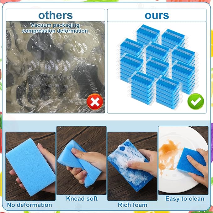 Ovveroche 50 Pcs Individually Wrapped Sponges, Uncompressed Non Scratch Scrouing Sponges for Household Cleaning Dishes Kitchen Airbnb Apartment Car Bike Blue