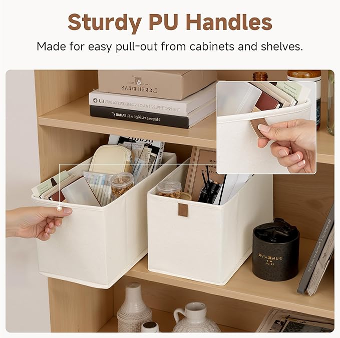 StorageWorks Small Storage Bins, Fabric Storage Bins, Narrow Baskets for Shelves with PU Handle, Perfect for Clothes, Towels, and Light Blankets, Beige, 4-Pack