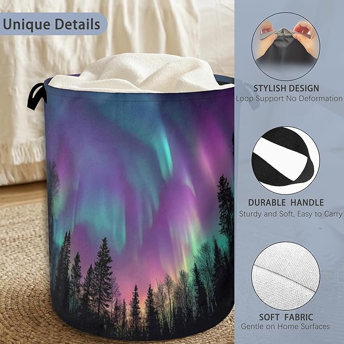 Aurora Forest Laundry Basket,Foldable with Handles Tote Bag Oxford Cloth for Bathroom Bedroom Dirty Clothes Storage Bucket 16" x 20.8"