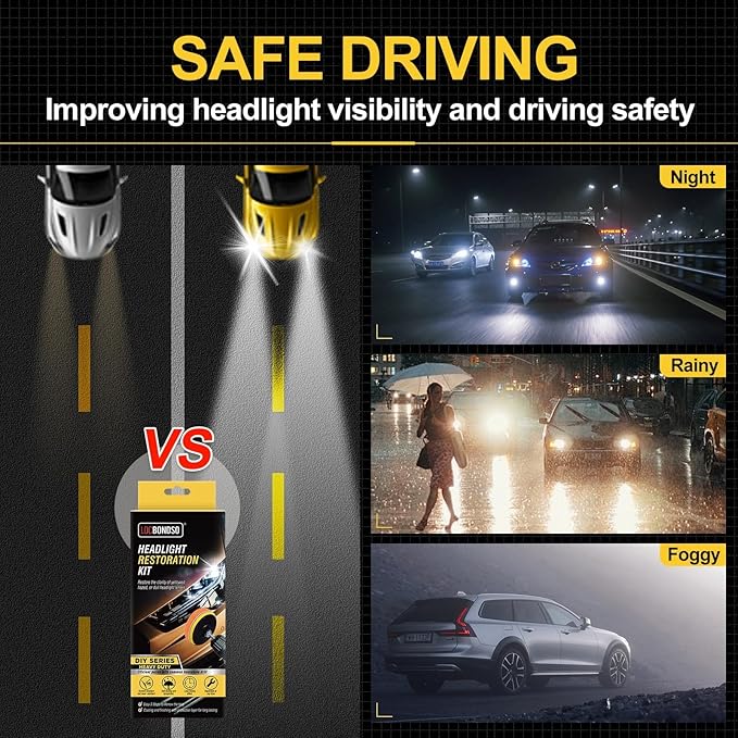 LOCBONDSO Headlight Restoration Kit, 3-Step Headlight Cleaner, Polish & Restore Yellowed, Oxidized, Cloudy Lens Back to Like-New, Includes Polishing Pastes, Sanding Discs, Protective Coating