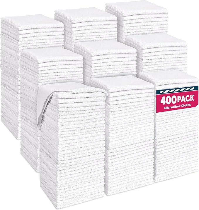 TEAWOO White Microfiber Cleaning Cloths Bulk-400 Pack, Microfiber Towels Bulk, Towels for Cars, Cleaning Rags White (12x12 inches)