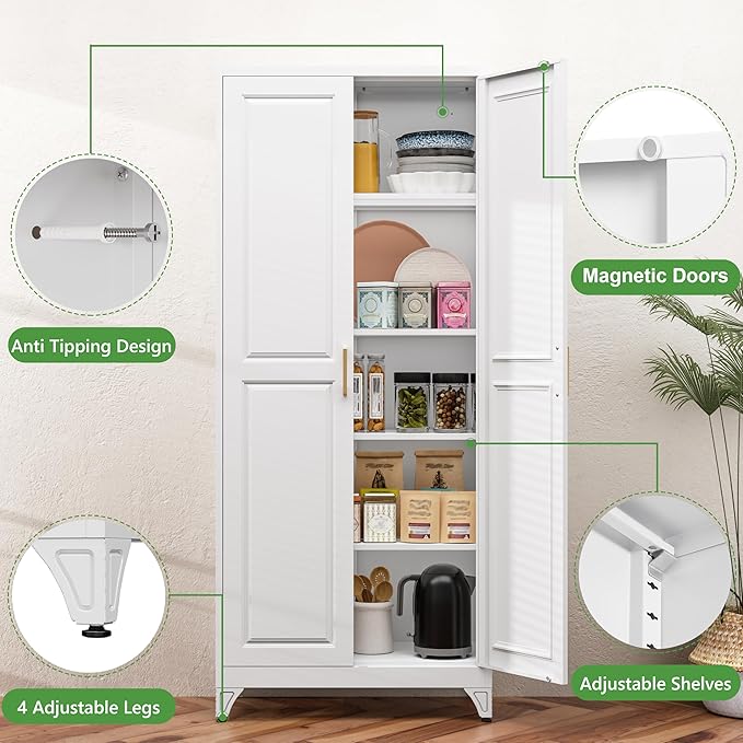 75” Metal Tall Kitchen Pantry Cabinet,Metal Storage Cabinet with Doors and Adjustable Shelves,Modern Kitchen Hutch Cabinets,Freestanding Cupboard for Dining Living Room