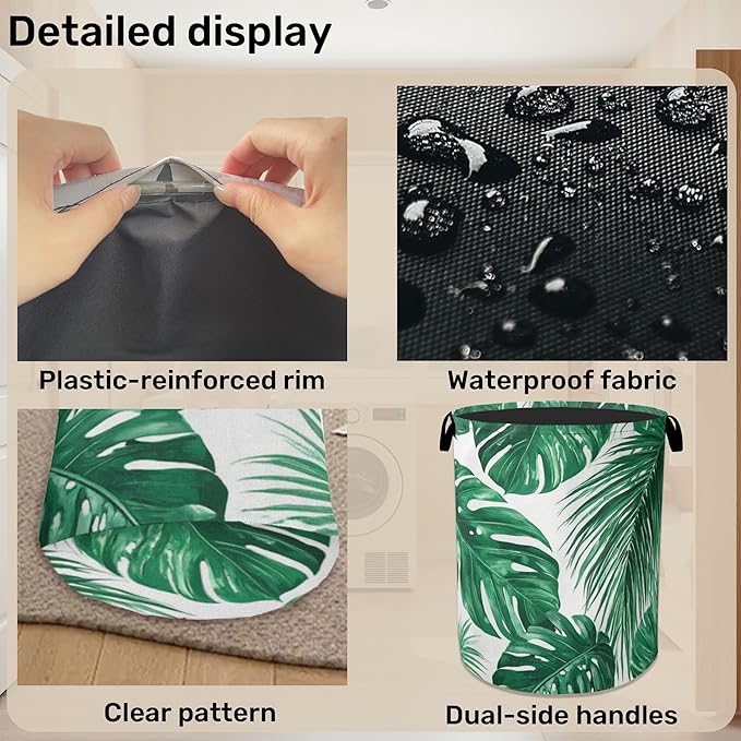 Tropical Leaves Laundry Basket with Handles - Extra Large Foldable Hamper for Bathroom/Laundry/Bedroom/Dorm, Washable Fabric Storage Bin