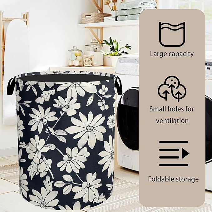 Black White Daisy Laundry Basket - Heavy Duty 60L Dirty Clothes Organizer, Water Resistant Foldable Hamper for Men Women