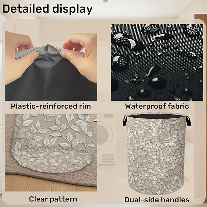 Beige Leaves Modern Laundry Basket - Heavy Duty 60L Dirty Clothes Organizer, Water Resistant Foldable Hamper for Men Women