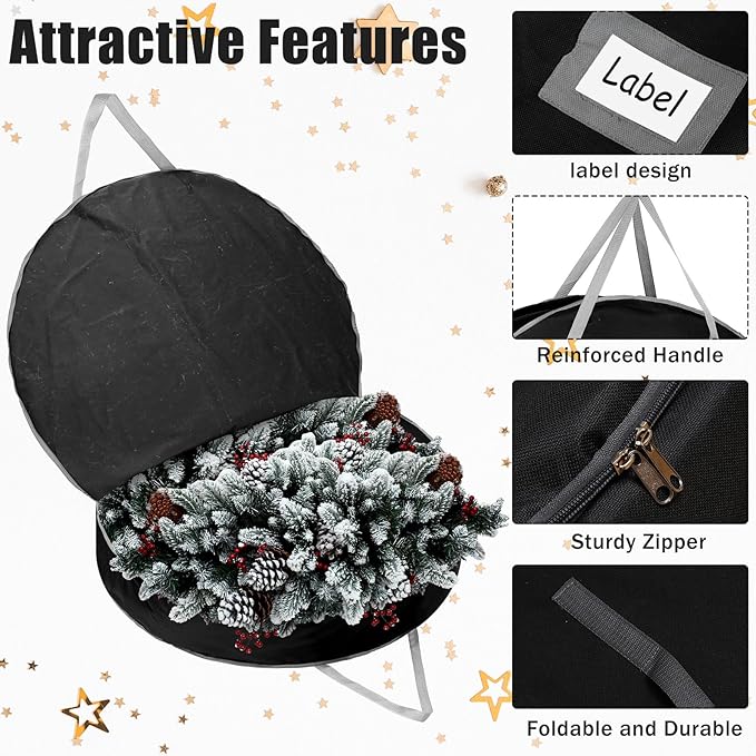 1 Pc 60" Christmas Wreath Storage Bag Zippered Garland Holiday Container with Reinforced Handle Tear Resistant 600d Oxford Organizer Wreath Holder with Card (Black)