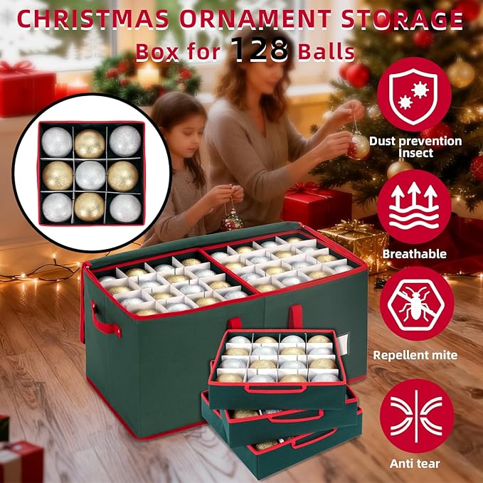 Large Christmas Ornament Storage Box With Adjustable Dividers,Ornament Storage Container with 8 Removable Trays for 128 Holiday Decorations,Green