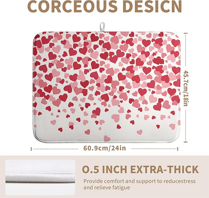 Wnoesat Valentines Dish Drying Mat Pink Red Love Hearts Valentine Drying Mats for Kitchen Counter Absorbent Microfiber Reversible Dish Draining Mat Extra Large Dishes Pad 18 X 24 Inch