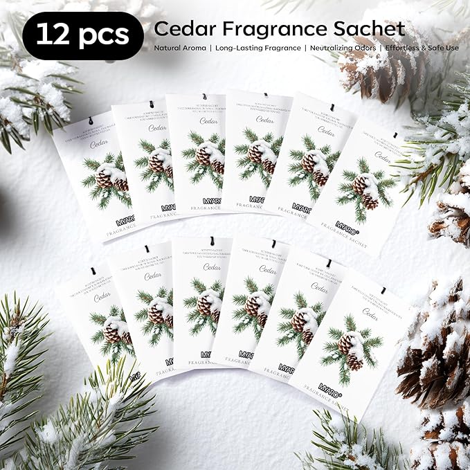 MYARO 12 Packs Cedar Scented Sachets for Drawer and Closet, Fresh Scents Drawer Deodorizers Long Lasting Air Freshener for Home Car House Fragrance