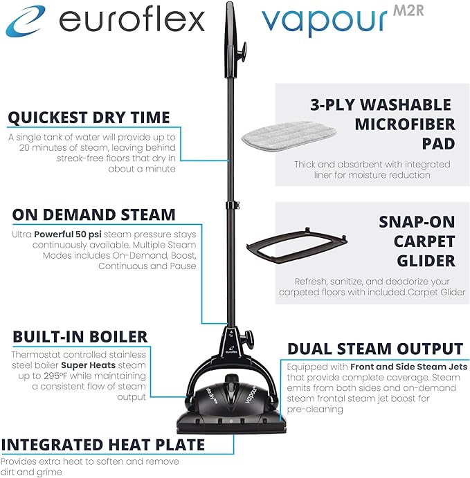 Euroflex Vapour Premium Steam Mop 9-Piece Set with Ultra Dry Steam; Consumer Reports Recommended; Commercial Grade 295°F & 50 PSI; Invented in Italy; Kills 99.9% Germs & Viruses; 5 Year Warranty