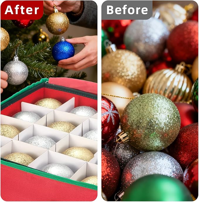 inin Christmas Ornament Storage Box with Adjustable Dividers,Christmas Ornaments Organizer with Zippered Top,Storage Container Bin with Side Pockets for Holiday Decorations(128 Ball, Red, with Tray)