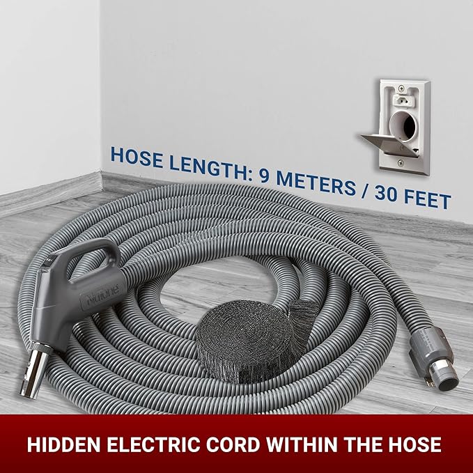 Central Vac Carpet & Bare Floor Electric Direct Connect Attachment Set for Cleaning Carpets, Hardwood Floors, Furniture & Draperies - 30FT Hose, Twist & Turn Brush, Electric Brush, Wands & Storage Bag