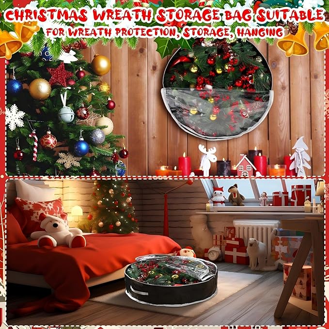 Aliceset 4 Pack Wreath Storage Containers, Christmas Ornament Garland Wreath Storage Bags with Handle Dual Zipper Large Decorative Storages Box for Winter Wreaths(36 x 36 x 7.8 Inch,Black)