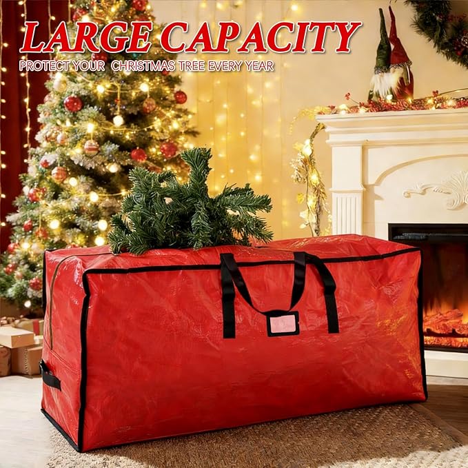 Christmas Tree Storage Bag with Double Zipper- Fits Up to 9 ft Holiday Xmas Disassembled Trees – Moisture Proof Protection for Holiday Decor (Red Large)
