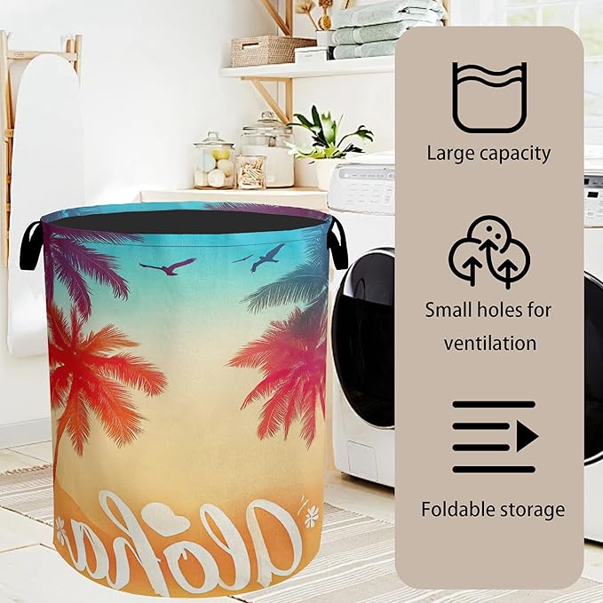 Hawaiian Sunset Foldable Canvas Laundry Basket with Handles - Storage Organizer, Heavy Duty for Home，Bedroom, Dorm, Bathroom