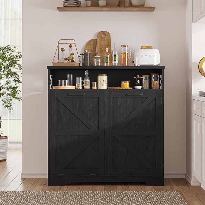 Tilt Out Trash Can Cabinet for 13 * 1 Gallon Trash Can, Farmhouse Kitchen Island Cabinet with Adjustable Shelf for Hidden Laundry Basket, Dog Proof Garbage Can for Dining Living Room, Black