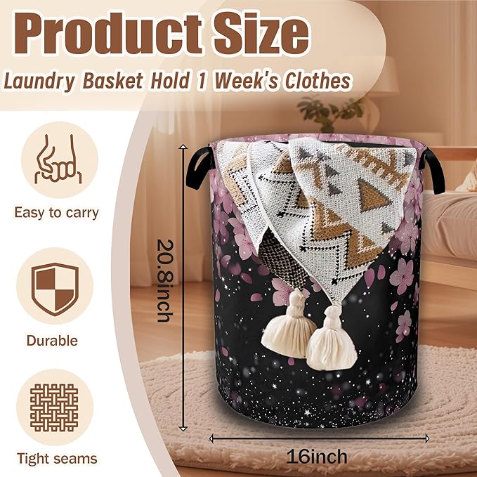 Cherry Blossoms Laundry Basket,Waterproof Foldable Pink Glitter Laundry Hamper,Dirty Clothes Basket, Linen Bin Storage Organizer Collection 16" x 20.8"