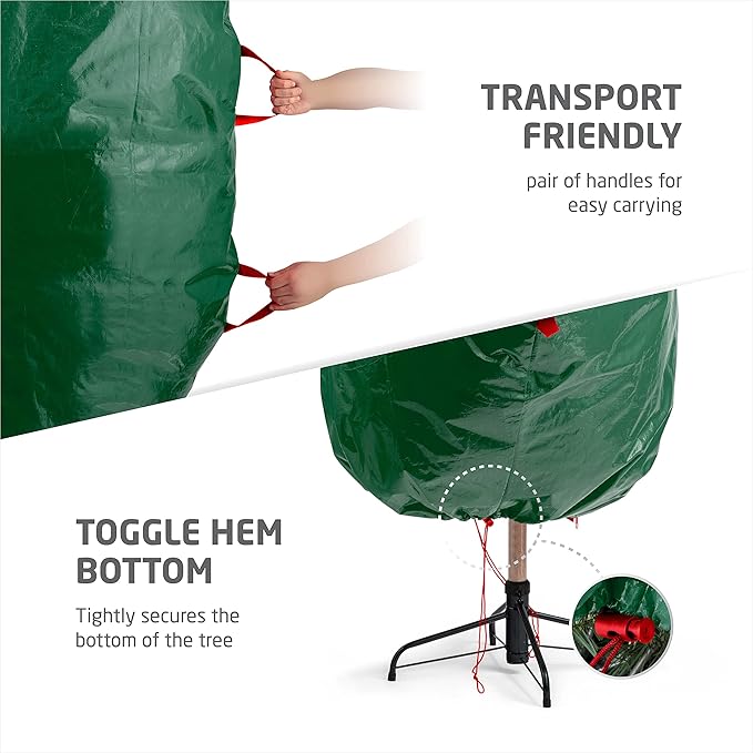 ZOBER Upright Christmas Tree Storage Bag With Drawstring Hem- Fits 7.5 Ft Trees - Plastic, Waterproof Christmas Tree Bag For Storage Box For Xmas - Strong, Durable Handles - Green