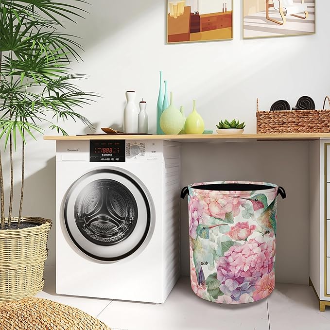 Hummingbird Laundry Hamper,Pink Flower Floral Dirty Clothes Laundry Basket with Handles Waterproof Oxford Cloth Storage Basket for College Dorms Bathroom Bedroom 16" x 20.8"