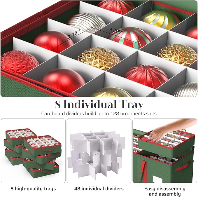 Christmas Ornament Storage Box with 8 Trays, Christmas Storage Container for 128-3'' Holiday Ornament Decorations, Large Xmas Organizer with Adjustable Dividers, Dual Zipper and Pocket (Green)