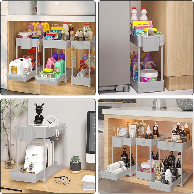 Sevenblue 3 Pack Under Sink Organizers, 2-Tier Multi-Use Kitchen and Bathroom Organizers and Storage with Sliding Drawers，Bathroom Cabinet Organizer (Gray, 14.8 Inch)
