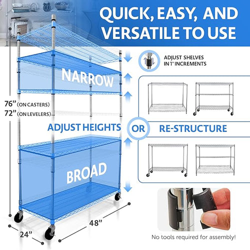 4000 LBS Heavy Duty Wire Rack, 48 x 24 x 76, 5-Tier NSF Commercial Rolling Rack with 4" Industrial Casters, Chrome Metal Wire Shelving for Garage, Kitchen, Adjustable Storage Shelf, Crescent