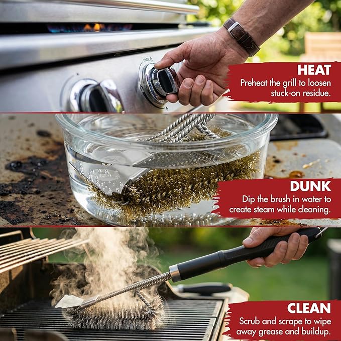 KITCHEN PERFECTION Brass GrillSaver - Safe BBQ Grill Brush with Replaceable Cleaning Head -Heavy-Duty Grill Cleaner w/Scraper for Porcelain & Ceramic Grates, Includes Magnetic Hanger & Bottle Opener