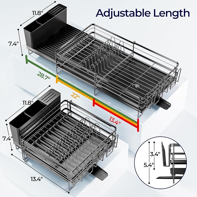 Pantasia Large Dish Drying Rack, Expandable Dish Rack for Kitchen Counter, Upgraded Dish Drainer with Drainboard Set, Multifunctional Dishrack with Utensil Holder & Cup Holder, 13.4"-28.7" L x 11.8" W