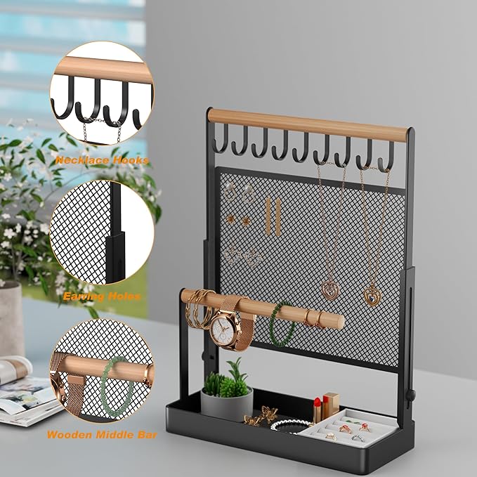 IOAIANIA Jewelry Organizer Stand with Velvet Ring Holder, Liftable Necklace Holder with Earring Organizer Net, 9 Hooks Necklaces Storage Wooden Handing Bar for Bracelets Watches Rings (Black)