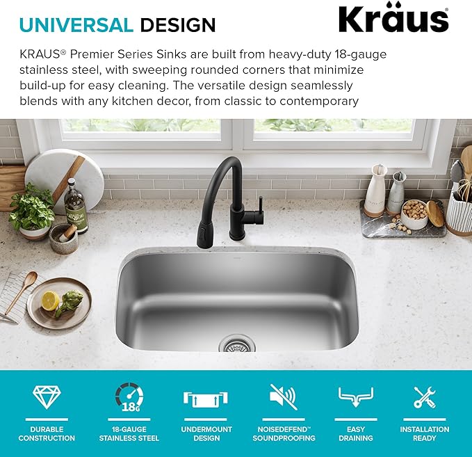 Kraus 31 1/2 Inch Stainless Steel Kitchen Sink, Durable 18 Gauge Single Bowl Kitchen Sinks Undermount, KBU14