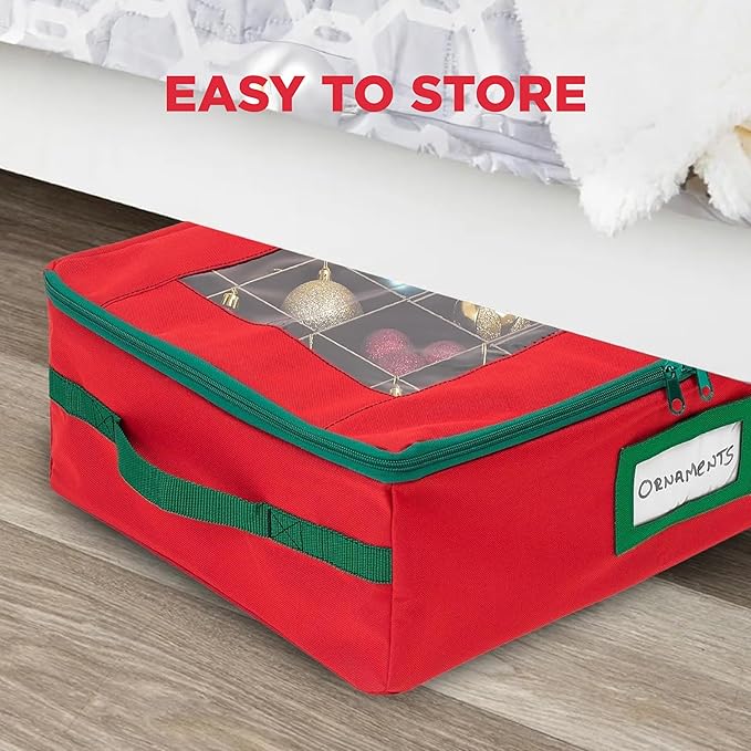 HOLDN’ STORAGE Christmas Ornament Storage Box with Dividers - Fits 48-3” Ornaments, 2 Removable Trays, Durable & Space-Saving, Clear Top Lid, Fits Underbed, Red