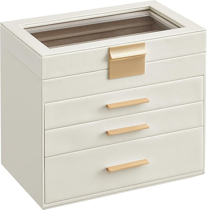 SONGMICS Jewelry Box Organizer with Glass Lid, 4-Layer Jewelry Storage, with 3 Drawers, Modern Style, 6 x 9.9 x 8.5 Inches, Cloud White and Gold Color UJBC161W01