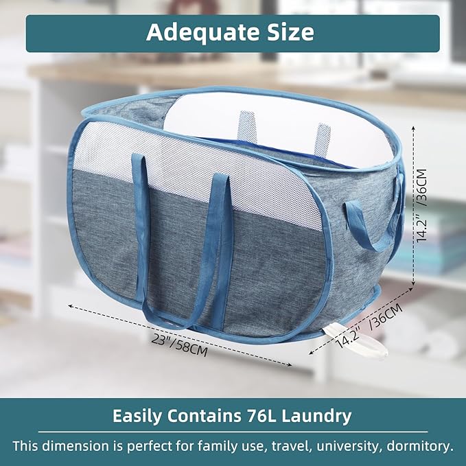 Collapsible Laundry Baskets, Tear Proof Pop Up Laundry Hamper with Dual Handles, Durable Foldable Laundry Basket, Easy to Carry Laundry Hamper for Home, Laundry Room, Bedroom, Dorm, Travel Blue