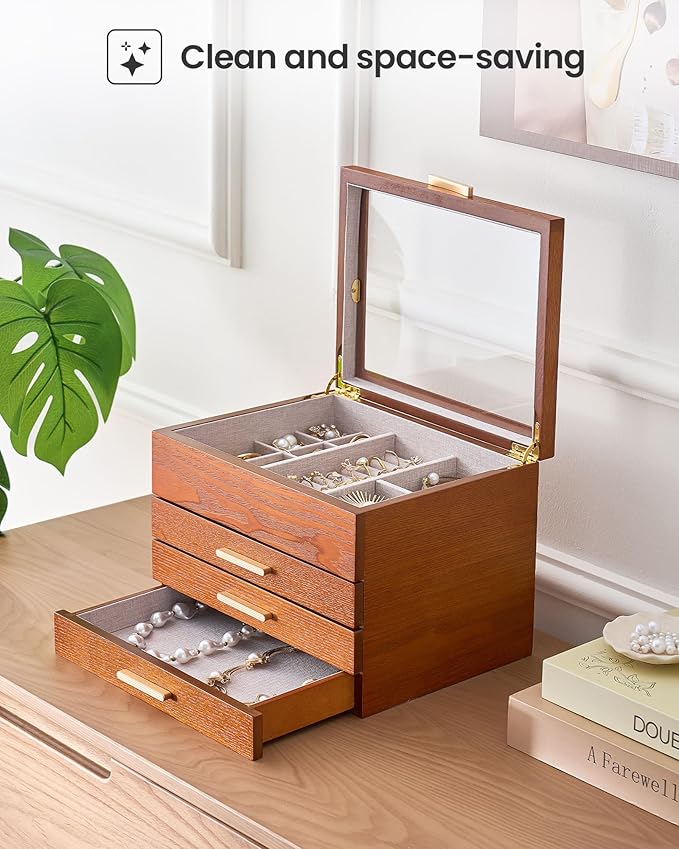 Lolalet Jewelry Box, Clear Window Wood Grain Jewelry Storage for Earrings Bracelets Necklaces Rings, High Capacity Organizer for Women -Cherrywood, 4 Layers
