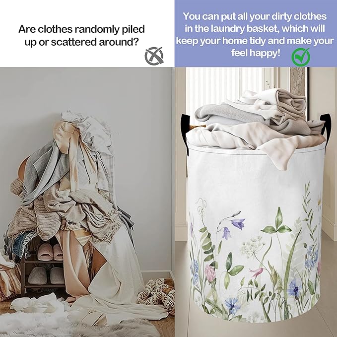Vintage Wild Flowers Laundry Basket-Large Foldable Hamper Holder Portable Tall Collapsible Laundry Hamper Storage Basket Bin with Handles, Canvas & Waterproof lining for Household Items