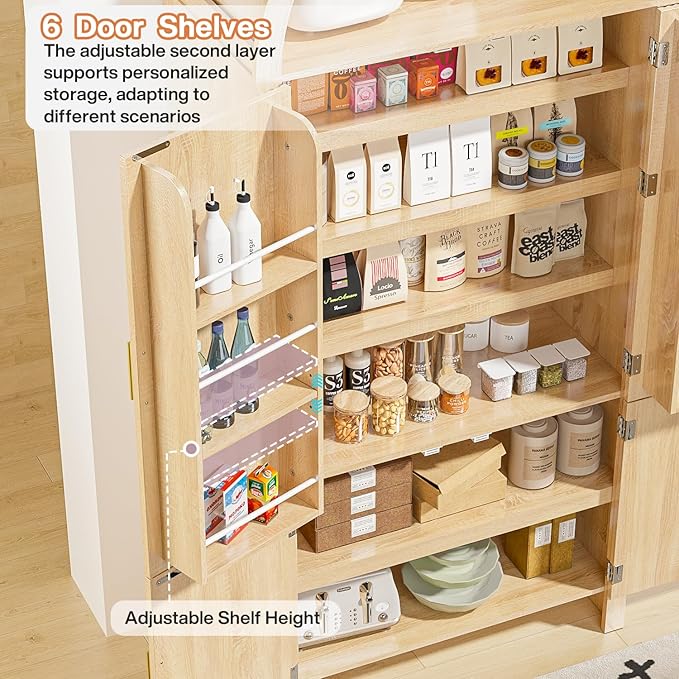 71" Tall Arched Pantry Cabinet, Arched Fluted Kitchen Storage Cabinet with Doors and Adjustable Shelves, Modern Natural Wood Cupboard Organizer for Kitchen, Dining Room, Living Room