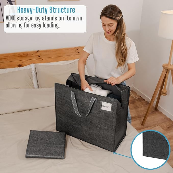 VENO 4 Pack Moving Bags, Christmas Storage Containers, Storage Totes, Zipper On Top, Sturdy, Storage Bags for Camping, Clothes, Bedding, Comforters, Pillows (22 Gallon Dark Gray, 4 Pack)
