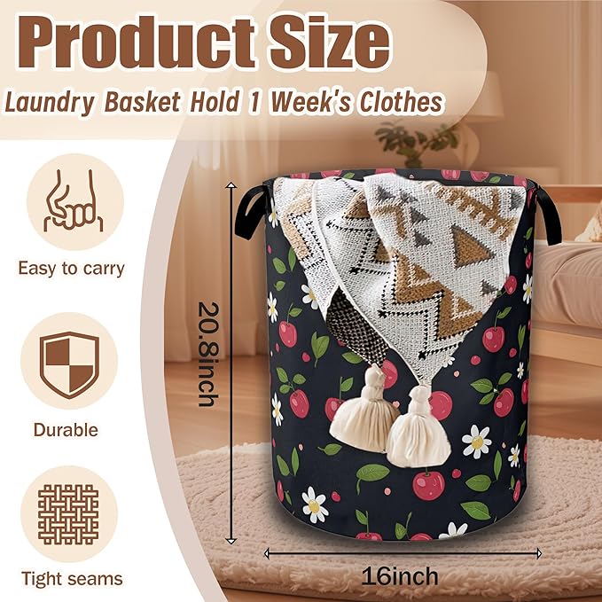 Laundry Hamper,Cherry Collapsible Laundry Baskets Waterproof Oxford Cloth With Handles,Clothes Storage Bucket Toy Organizer For Bathroom/Nursery/Bedroom 16" x 20.8"